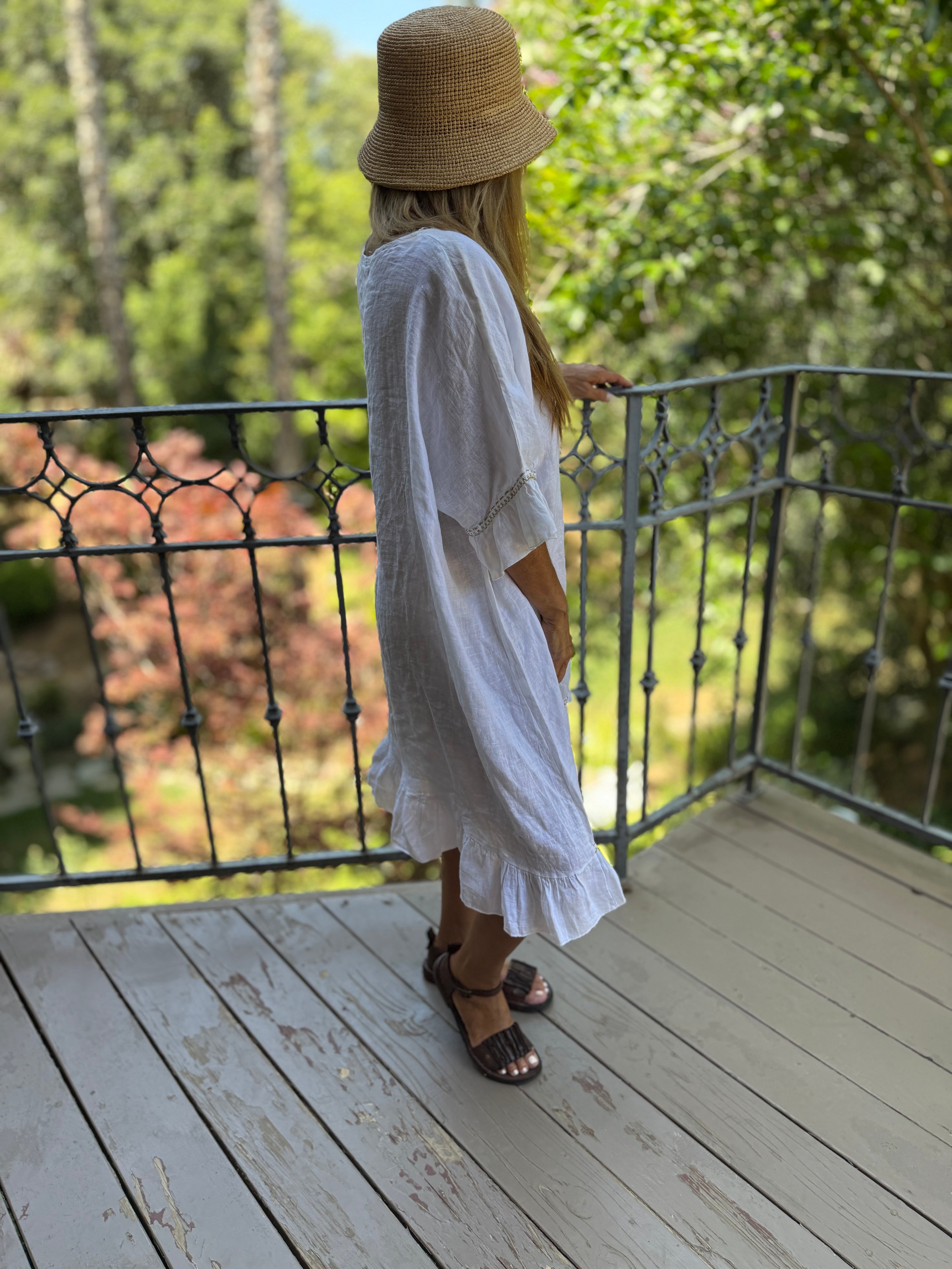 Emily Linen Gold Trim Dress