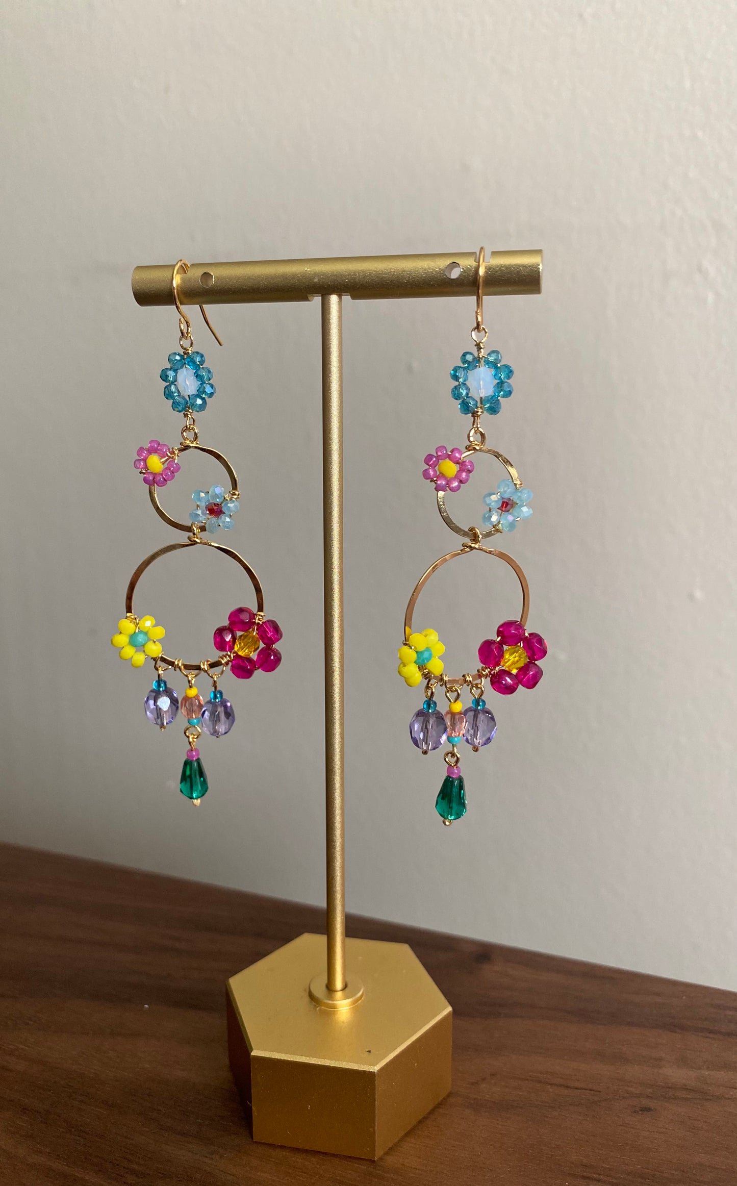 Colorful Hawaiian Flower Double Hoop Crystal Earrings