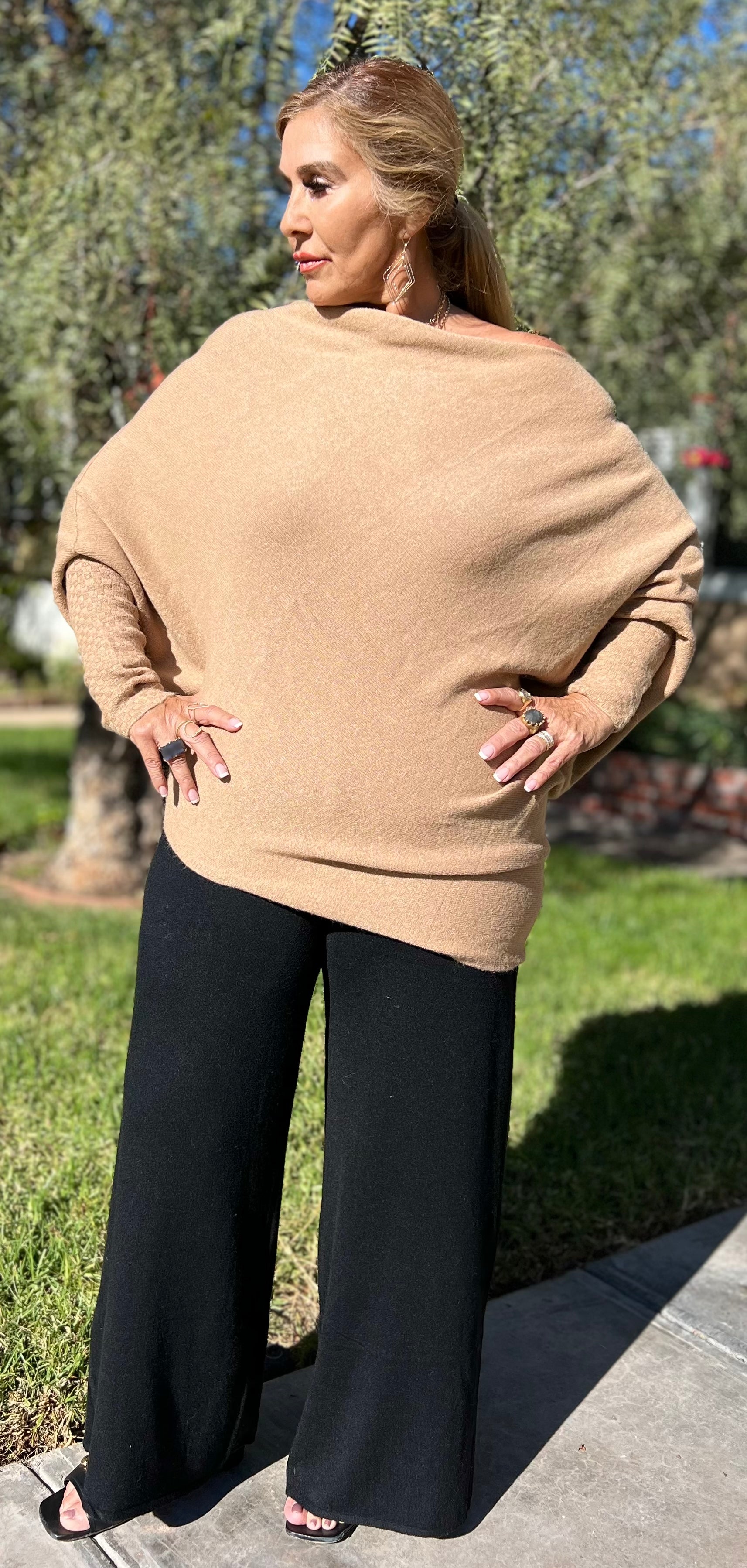 Dolman light weight off shoulder sweater