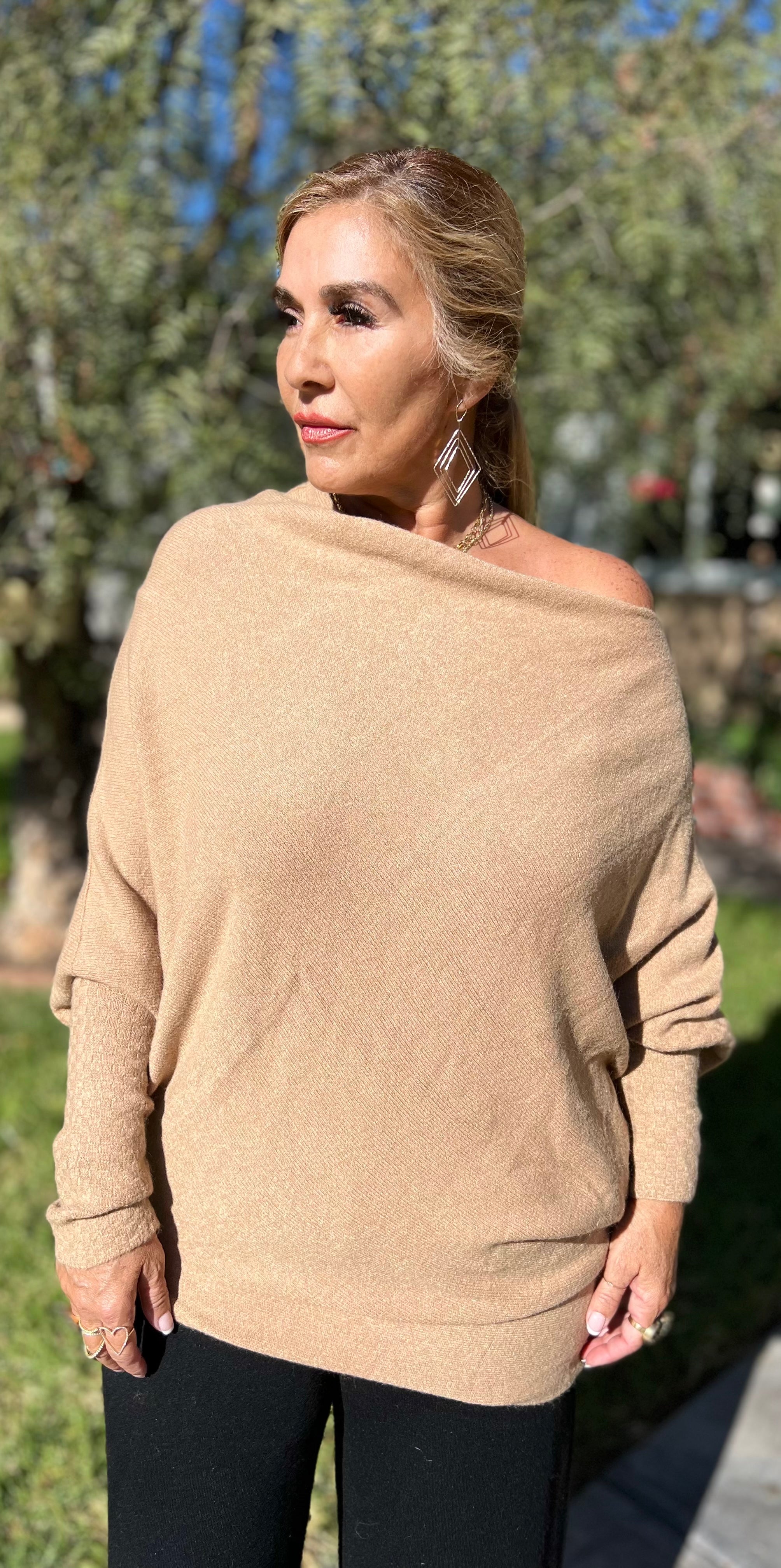 Dolman light weight off shoulder sweater