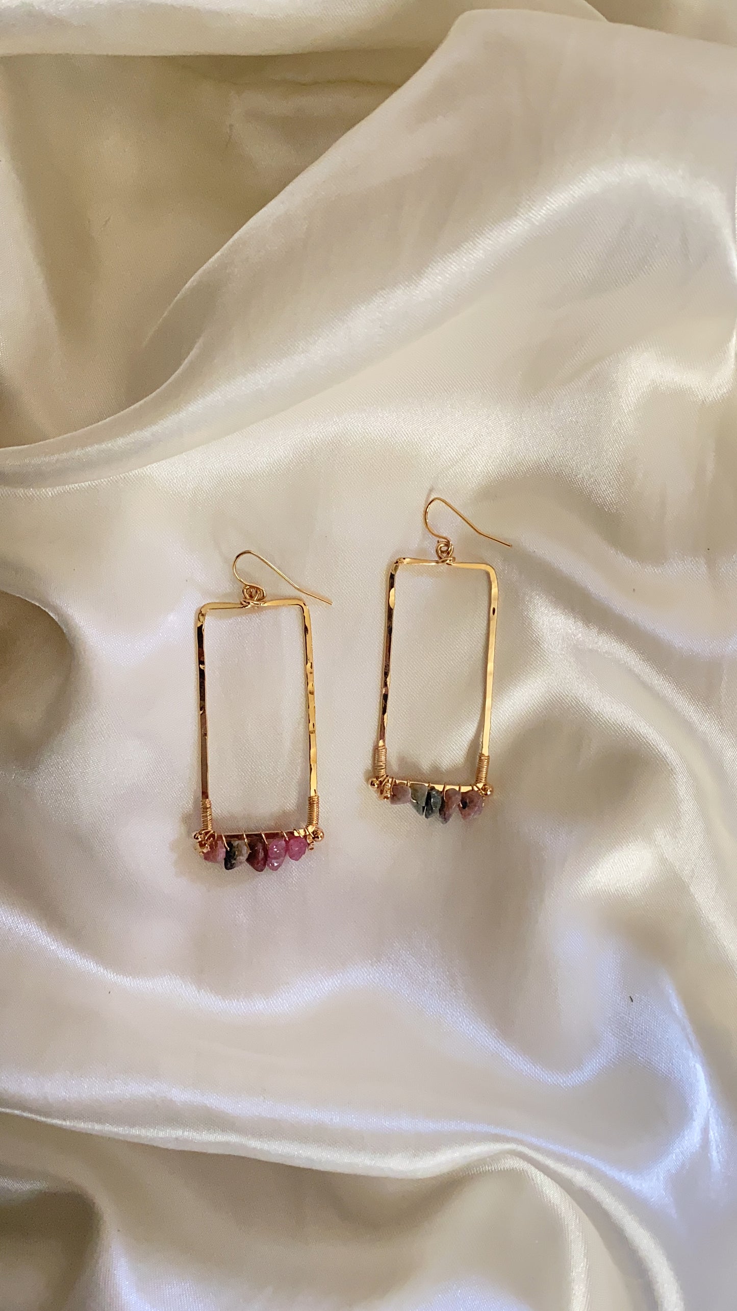 Handmade Hammered Gold Plated Rectangular Earrings With Stones